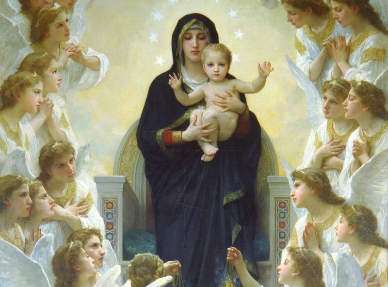 Маленький Иисус на руках Божьей матери в окружении апостолов