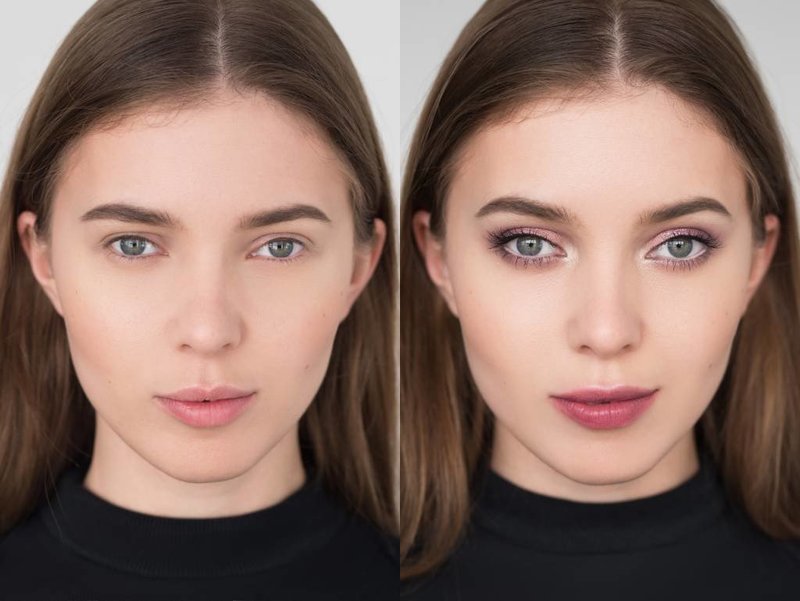 Девушка до и после нанесения макияжа