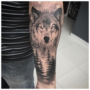 Волк в лесу - тату у мужчины на руке