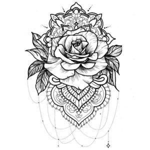 Черно-белый эскиз розы в этно-стиле