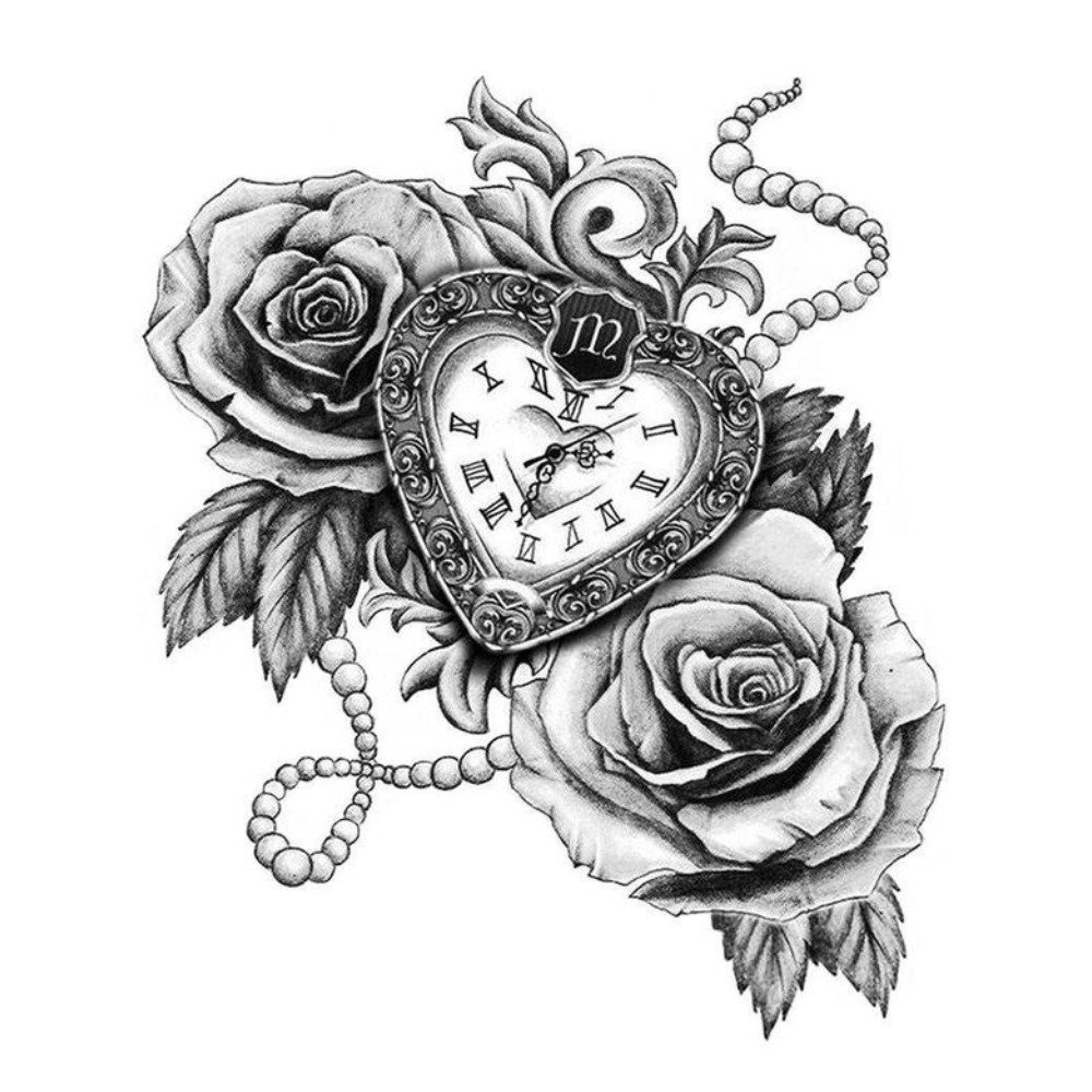 Эскиз тату часы с цветами