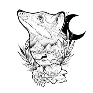 Эскиз тату лисы с луной и цветами
