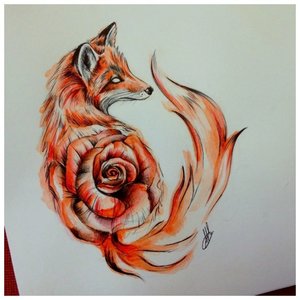 Эскиз тату лисы с розой