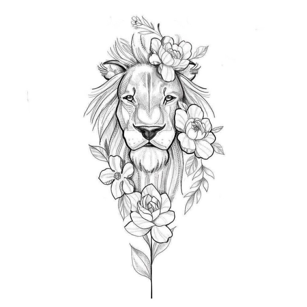 Эскиз тату львица с цветами