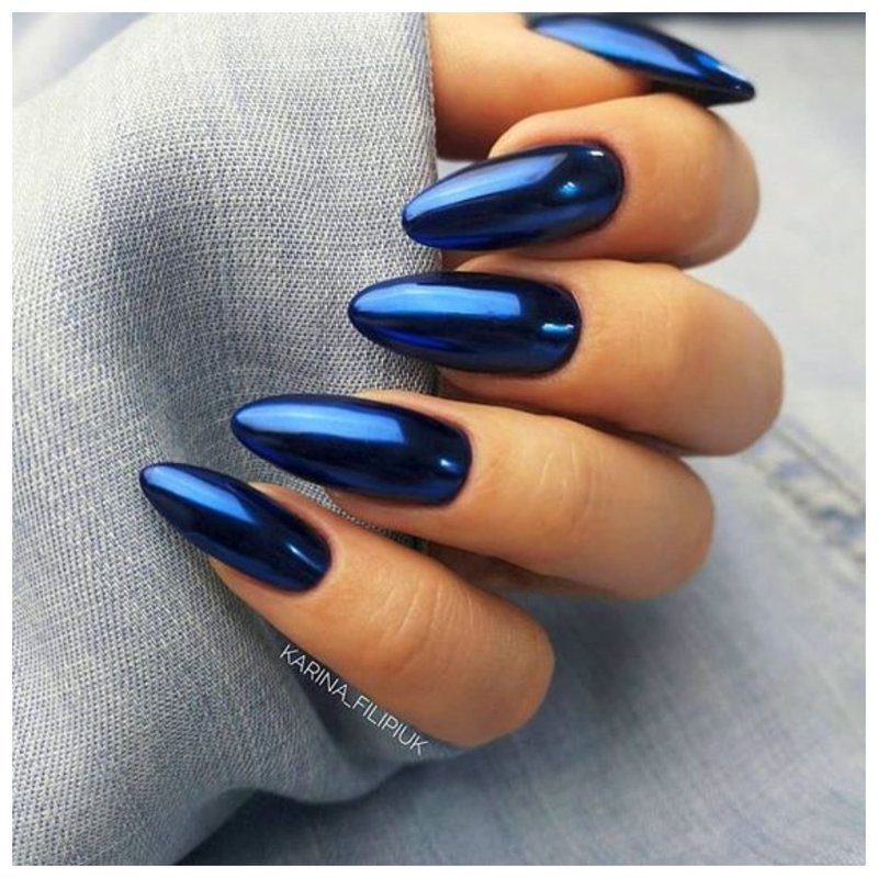 Синие длинные ногти с втиркой