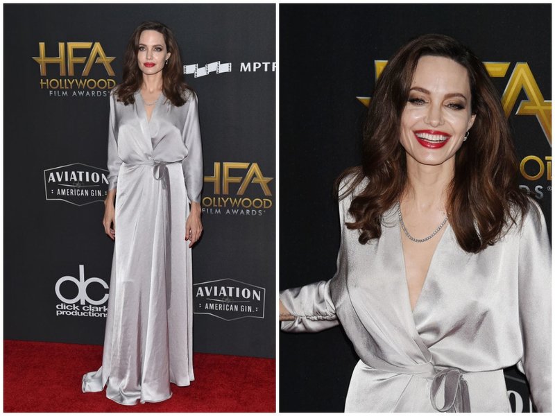 Джоли в платье с запахом серого цвета